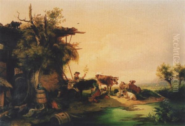 Flusslandschaft Mit Bauernfamilie Und Kuhen - view 1