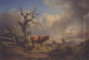 Hirte Mit Kuhen, Schafen Und Ziege Auf Einer Anhohe Hirte Mit Kuhen, Schafen Und Ziege Auf Einer Anhohe