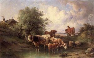 Hirtin Mit Vieh An Der Tranke by Edmund Mahlknecht