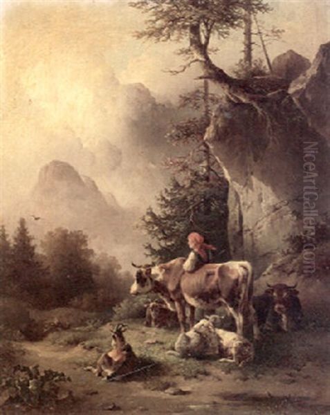 An Alpine Landscape With A Peasant Woman With Her Cows, Sheep And Goats In The Foreground - view 1