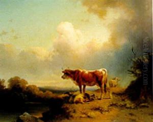 Cattle In A River Landscape With An Approaching Storm by Edmund Mahlknecht
