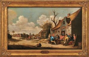 Dorfstrase Mit Frohlicher Gesellschaft Vor Dem Wirtshaus