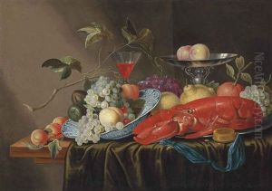 Grapes, Peaches, Cherries And Figs In A Wan-li Porcelain Bowl, A Lobster, With An Orange And Lemon On A Pewter Platter, With A Facon-de-venise Wine by Cornelis Mahu