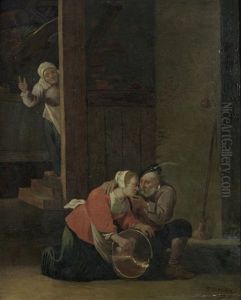 An Old Man Courting A Young Maid In A Barn Interior (after David Teniers The Younger) by Cornelis Mahu