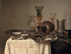 Oysters And Hazelnuts On Pewter Dishes, A Roemer In A Bekerschroef, A Silver Salt Cellar And An Earthenware Jug, All On A Partly Draped Table by Cornelis Mahu