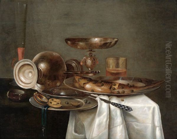 Stillleben Mit Silbergeschirr, Einer Tazza Und Einem Umgesturzten Pokal, Zinntellern Mit Einem Hering Sowie Einer Gefullten Sektflote Und Einem Gefullten Weinglas - view 1