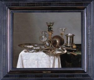 A Still Life With A Roemer, A Wine Glass, An Ice Bucket, Three Pewter Dishes And Other Objects, All Arranged On A Partly Draped Table