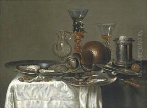 Oysters And Hazelnuts On Pewter Plates With A Stoneware Jug, A Silver Brazier And Glasses On A Table Draped With A White Cloth by Cornelis Mahu