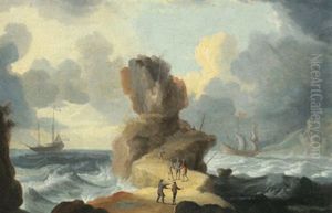 Felsige Kustenlandschaft Mit Figuren Und Schiffen Auf Bewegter See Felsige Kustenlandschaft Mit Figuren Und Schiffen Auf Bewegter See