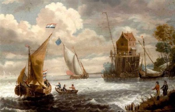 An Estuary With Dutch Vessels In Choppy Waters With Fishermen In The Foreground And A Fisherman's Hut On Stilts Beyond - view 1