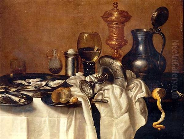 Oysters, A Bun And Smoking Utensils On Pewter Plates, With An Upturned Silver Tazza, A Knife, A Partly-peeled Lemon, An Upturned Berkemeier, A Silver Salt And A Giant Roemer On A Partly-draped Table - view 1