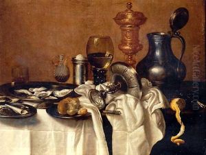 Oysters, A Bun And Smoking Utensils On Pewter Plates, With An Upturned Silver Tazza, A Knife, A Partly-peeled Lemon, An Upturned Berkemeier, A Silver Salt And A Giant Roemer On A Partly-draped Table