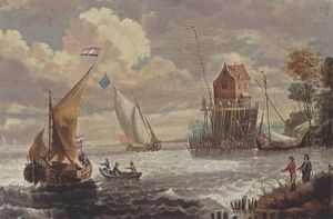 A River Landscape With Sailing Vessels And A Rowing Boat Near A Small Harbour With Anglers On The Quay by Cornelis Mahu