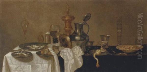 An Upturned Tazza, A Roemer, A Facon-de-venise Glass, Oysters, A Bun, A Lemon, A Knife And A Tazza On Pewter Plates, With A Porcelain Bowl On A Partly-draped Ledge - view 1