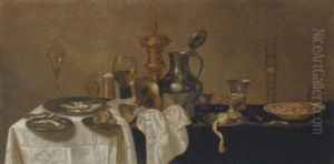 An Upturned Tazza, A Roemer, A Facon-de-venise Glass, Oysters, A Bun, A Lemon, A Knife And A Tazza On Pewter Plates, With A Porcelain Bowl On A Partly-draped Ledge