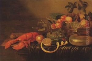 A Lobster, A Walnut, An Orange, A Peeled Lemon On  Pewter Plate, Cherries, White Grapes With A Basket Of Fruit, A Porcelain Dish And A Nautilus Shell On A Partially Draped Table by Cornelis Mahu