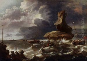 Fishing Boats Off The Coast Caught In A Gale by Cornelis Mahu