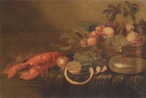 A Lobster, A Walnut, An Orange, A Peeled Lemon On A Pewter Plate, Cherries, White Grapes With A Basket Of Fruit, A Porcelain Dish And A Shell On A Table by Cornelis Mahu