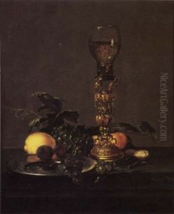 A Roemer Of White Wine On An Elaborate Stand With Black Grapes And Plums On A Pewter Plate, A Lemon, White Grapes, Peaches, Nuts And Berries by Cornelis Mahu