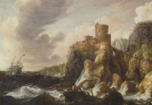 Flotta Vid Klippig Kust by Cornelis Mahu