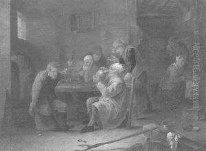A Tavern Interior With Topers Drinking Around A Table, A Maid Cooking In The Fireplace Of A Room Beyond by Cornelis Mahu