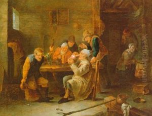 A Tavern Interior With Topers Drinking Around A Table, A Maid Cooking In The Fireplace In A Room Beyond by Cornelis Mahu