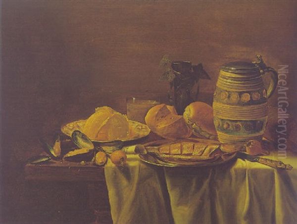 Still Life Of A Herring On A Pewter Plate, Mussels, Bread, Tankard And Other Objects On A Partly Draped Table - view 1