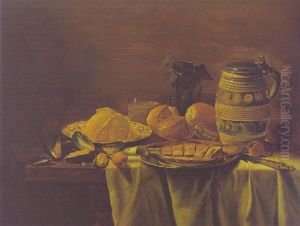 Still Life Of A Herring On A Pewter Plate, Mussels, Bread, Tankard And Other Objects On A Partly Draped Table