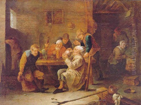 A Tavern Interior With Topers Drinking, Seated Around A Table, A Maid Cooking In The Fireplace In A Room Beyond - view 1