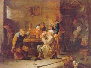 A Tavern Interior With Topers Drinking, Seated Around A Table, A Maid Cooking In The Fireplace In A Room Beyond