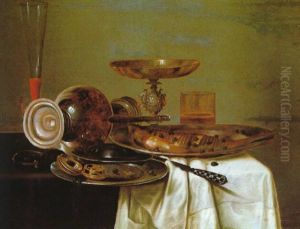 Stilleben Mit Einem Flotenglas, Umgesturzten Zinnkrug, Hering Auf Einem Zinnteller Und Einer Silbernen Tazza by Cornelis Mahu
