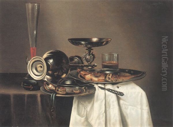 Still Life With Silver Ewer And Plate On Draped Table - view 1