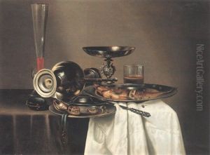 Still Life With Silver Ewer And Plate On Draped Table