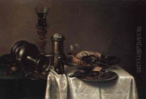 A Roemer On A Stand, An Overturned Jug...with A Pie And Nuts On A Table