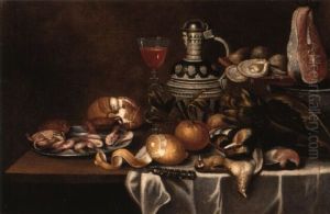 Crabs And Prawns On A Pewter Plate With Game, Dishes And Vegetables by Cornelis Mahu