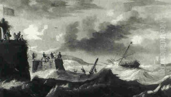 A Galley In Distress Offshore As Men On A Quay Attempt Rescue - view 1