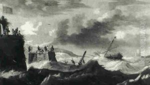A Galley In Distress Offshore As Men On A Quay Attempt      Rescue by Cornelis Mahu