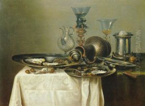 A Pewter Salver With Oysters, A Roemer, Jug And A Salt      Cellar On A Draped Table With Hazelnuts And A Knife