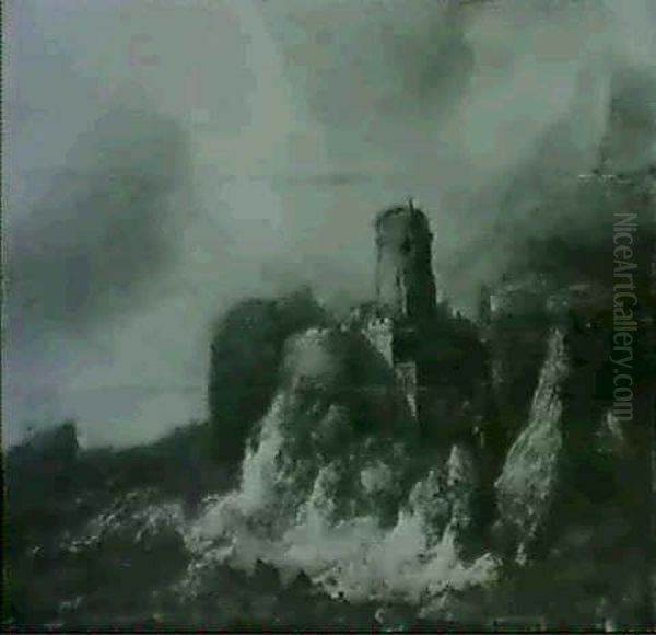 Figures Crossing A Wooden Bridge Spanning A Rocky Crevasse Leading To A Coastal Fortress Being Lashed By Choppy Seas - view 1