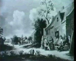 Dorfstrasse Mit Zechenden Bauern by Cornelis Mahu