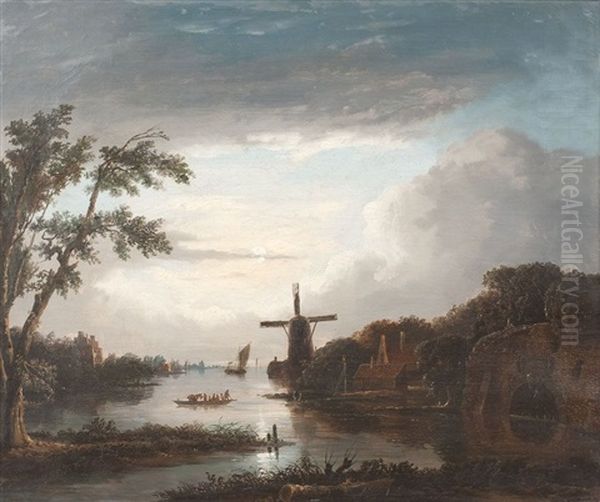 Abendlandschaft Mit Hollandischem Dorf Und Windmuhle - view 1