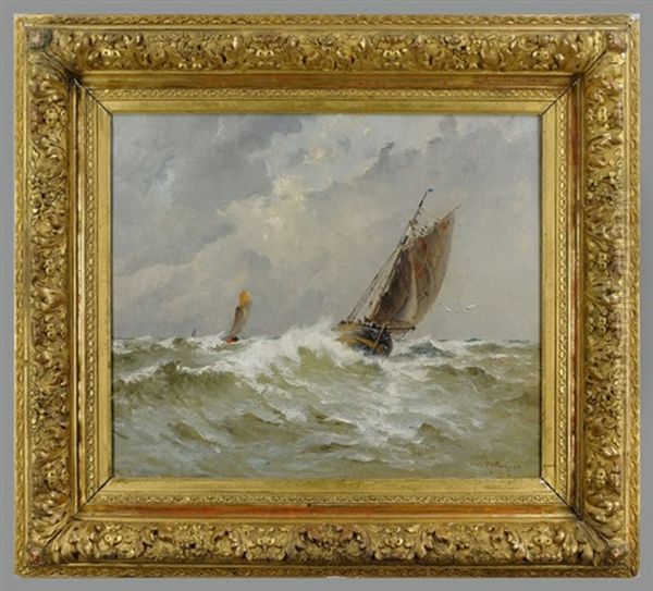 Untitled (seascape Of Two Sailing Ships In Turbulent Seas With The Sun Breaking Through The Clouds) - view 1