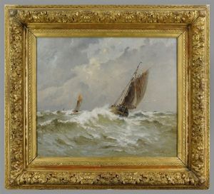 Untitled (seascape Of Two Sailing Ships In Turbulent Seas With The Sun Breaking Through The Clouds)