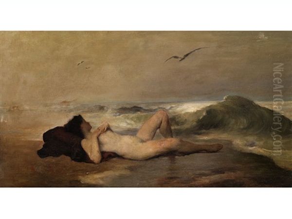 Liegender Frauenakt Am Strand Mit Heranziehender Woge, Daruber Seemoven - view 1