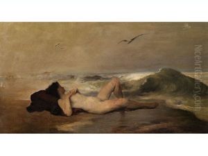 Liegender Frauenakt Am Strand Mit Heranziehender Woge, Daruber Seemoven by Willi Maillard