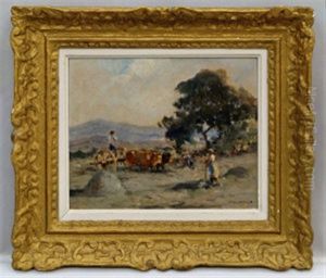 Field Workers With An Oxen And Cart On A Hillside by Fernand Maillaud