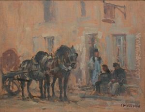 Chevaux Devant L'auberge Moreux A Veaugues, Cher Chevaux Devant L'auberge Moreux A Veaugues, Cher