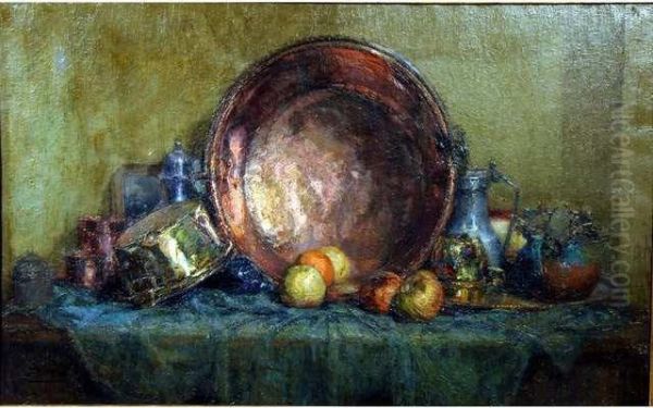 Nature Morte A La Bassine De Cuivre Huilesur Toile Signee En Bas A Gauche 73 X 115 - view 1