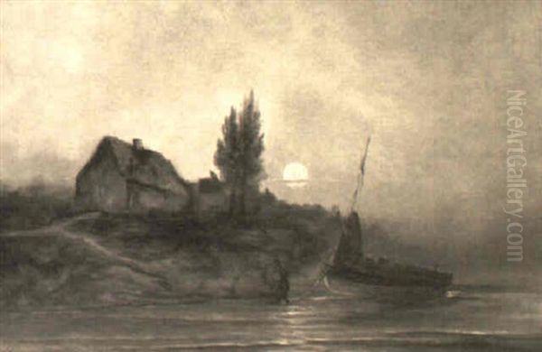 A Fishing Boat By A Cottage At Moonlight - view 1