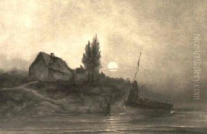 A Fishing Boat By A Cottage At Moonlight by Fernand Maillaud